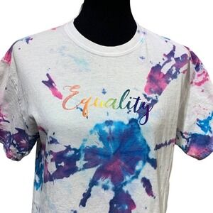 Hand Printed Upcycled Womens Medium Equality Rainbow Pride Tie Dye Tee